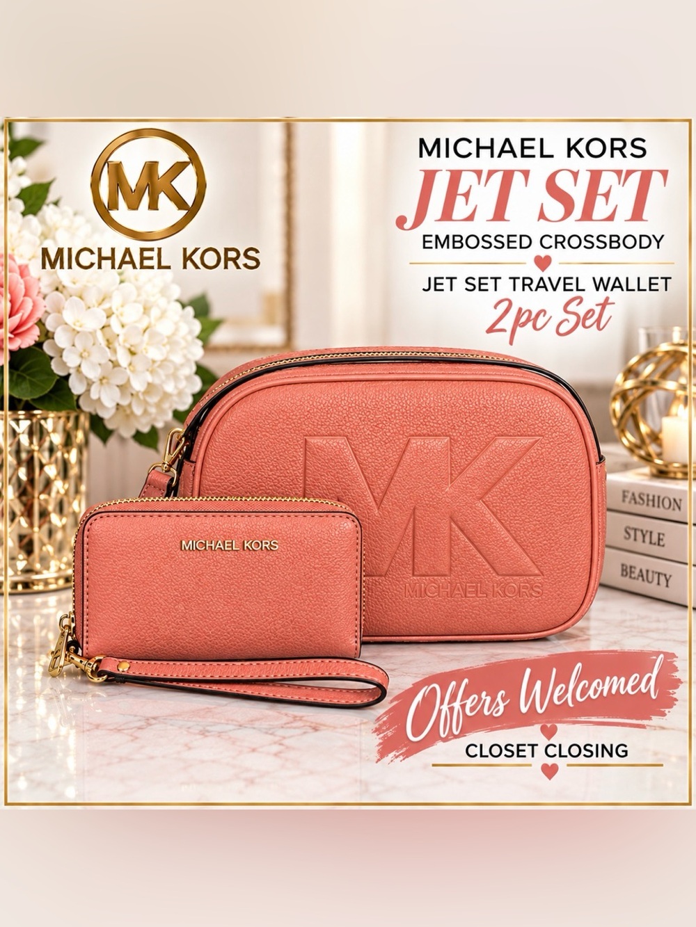 Michael Kors JET SET Embossed Crossbody/JET SET TRAVEL Wallet 2pc Set